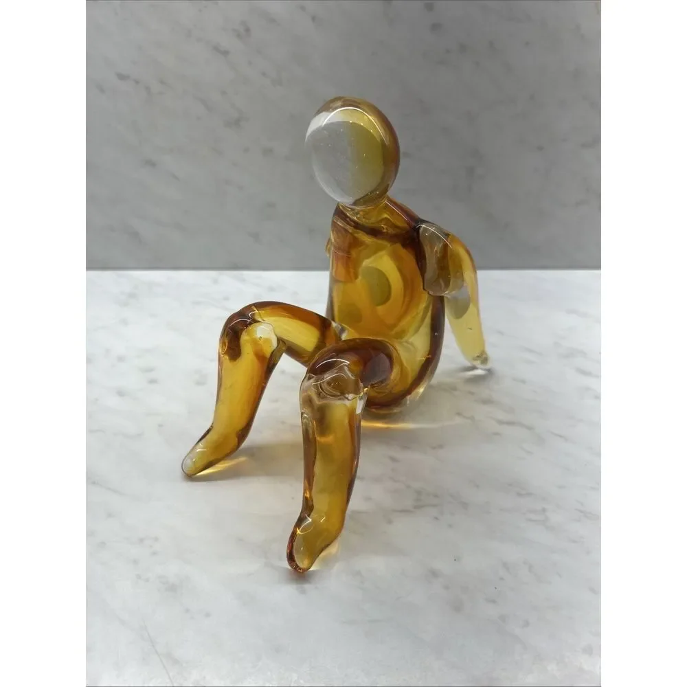 Vintage Hand Blown/Fairing Folk Art Person Sitting Unique Piece 6”x 6.5” Amber